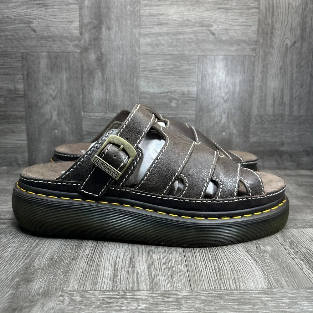 Dr. Martens Maxxy Slide Mens 12 Brown Leather Platform Buckle Sandals NEW